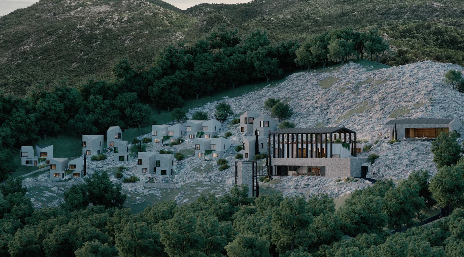 Panoramic view of the Yoga Center villas and wellness pavilion across the hillside