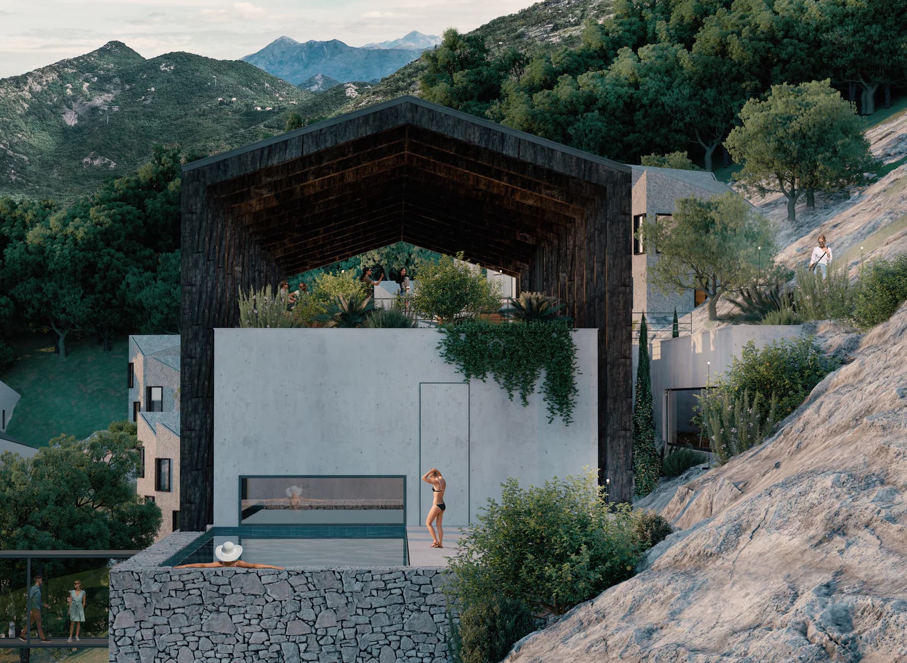 Yoga Center wellness pavilion and private pool set into the rocky landscape