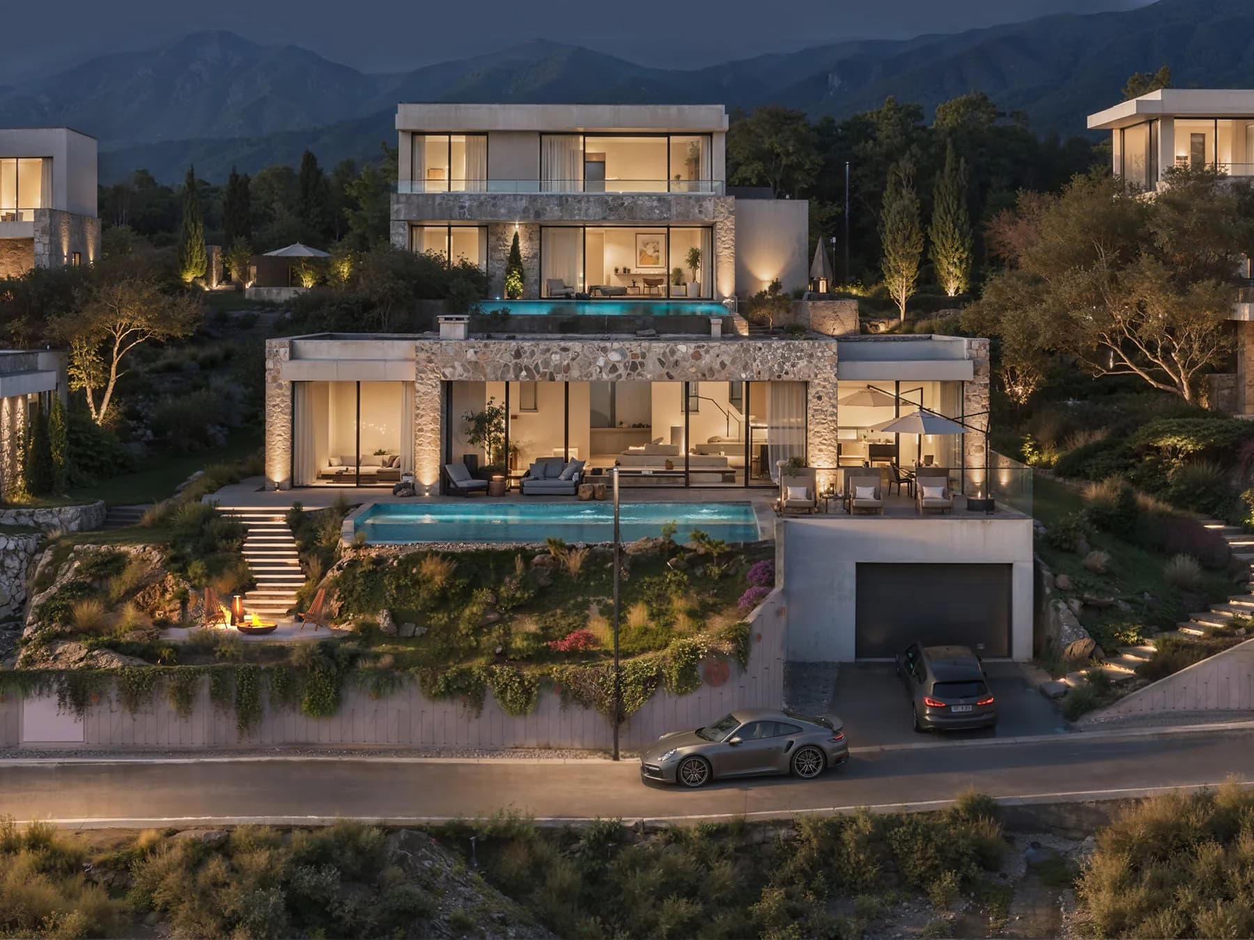 Boka View villas illuminated across the hillside at dusk