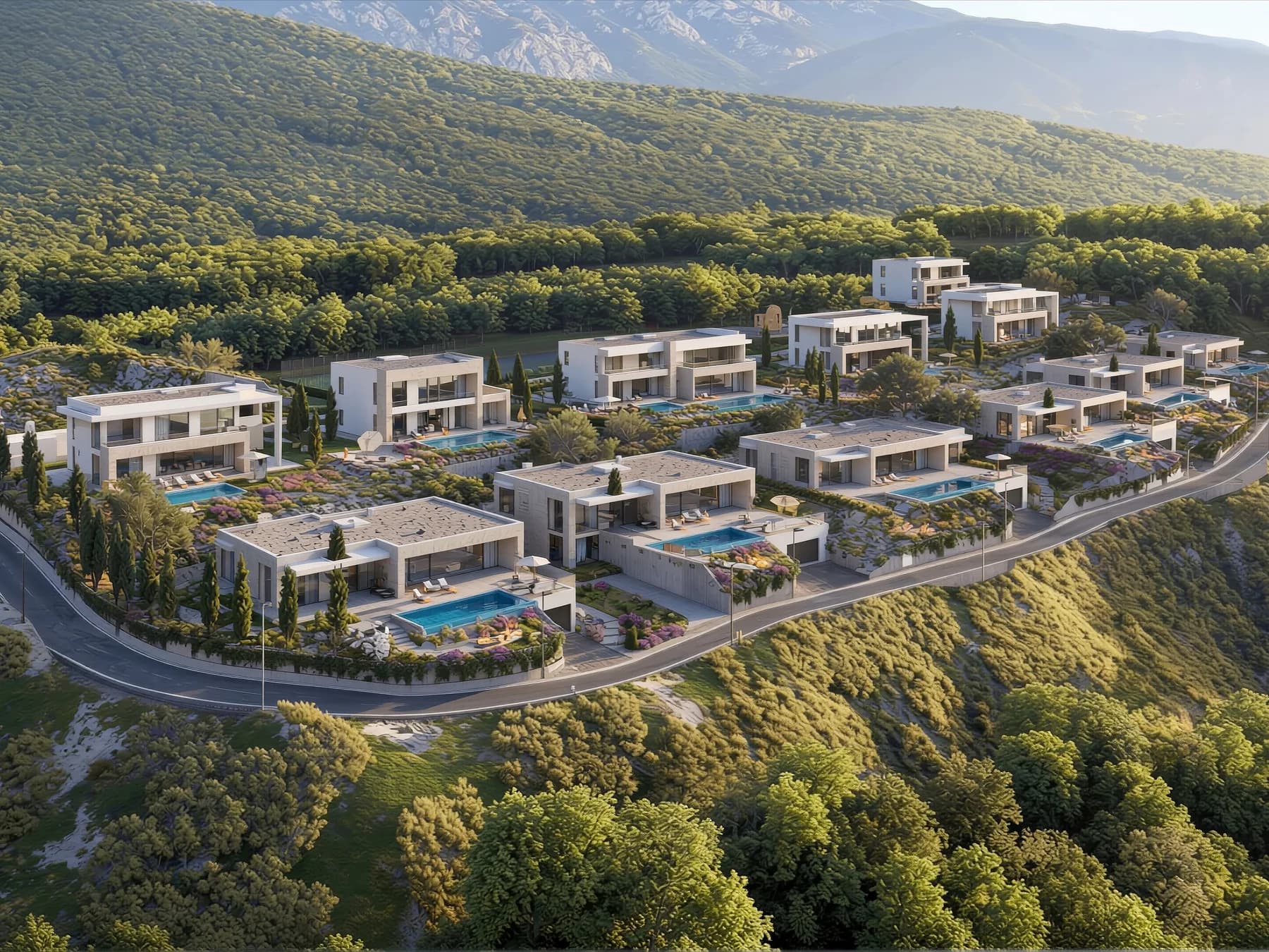 Aerial view of the Boka View hillside villas and private pools